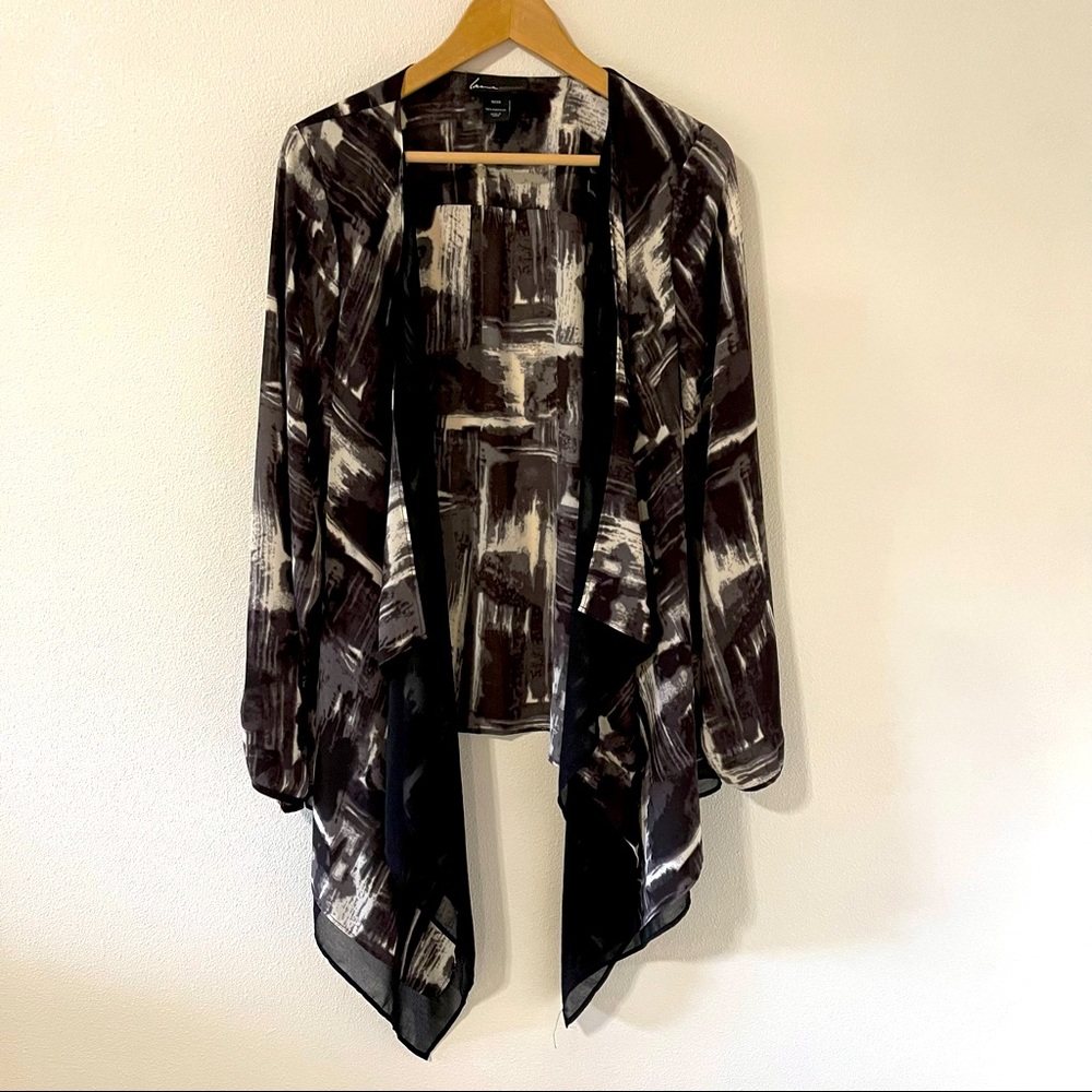 Lane Bryant Drapey Open Cardigan Black White Brushstroke Print Black Trim-18/20